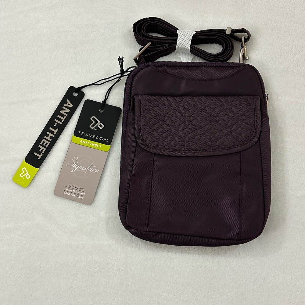 Travelon Eggplant Anti-Theft Signature Quilted Slim Pouch Crossbody Purse Bag